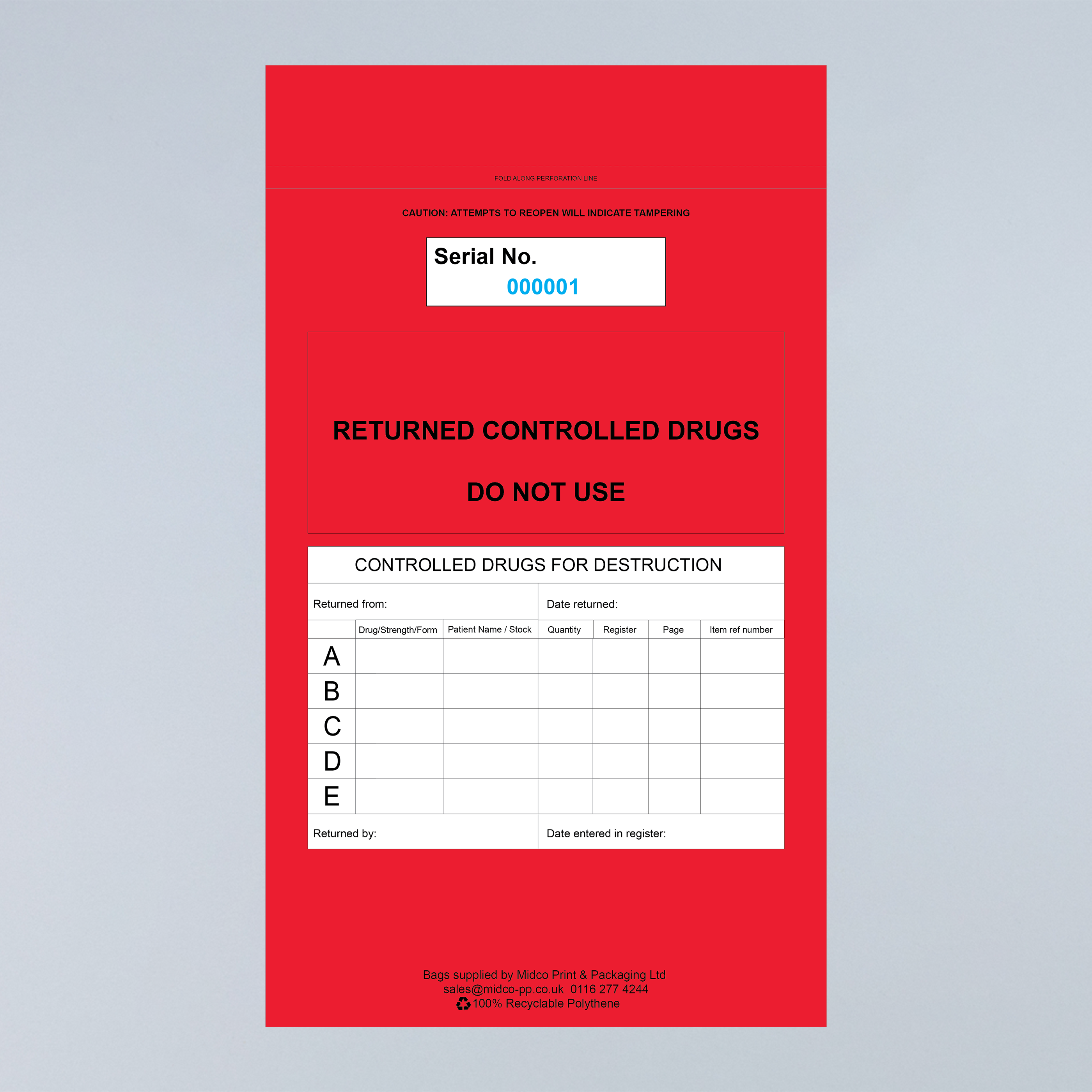 Controlled Drug for Ward Returns for Destruction Bag